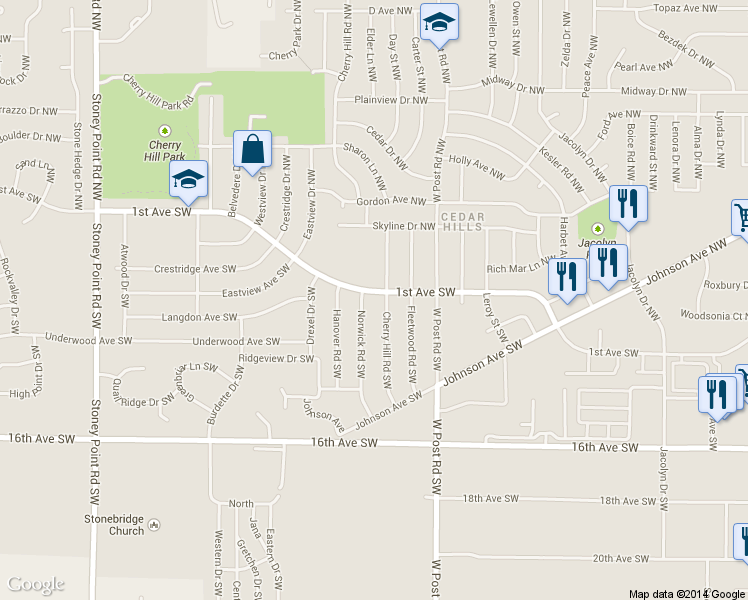 map of restaurants, bars, coffee shops, grocery stores, and more near 5527 1st Avenue Southwest in Cedar Rapids