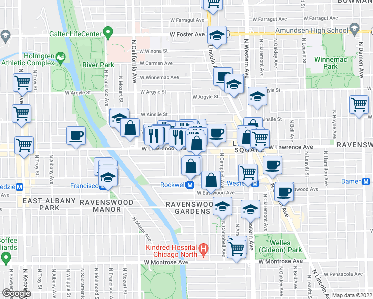 map of restaurants, bars, coffee shops, grocery stores, and more near 2613 West Lawrence Avenue in Chicago