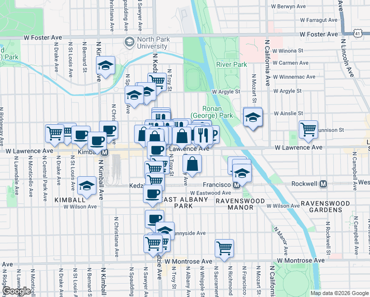 map of restaurants, bars, coffee shops, grocery stores, and more near 4800 North Albany Avenue in Chicago