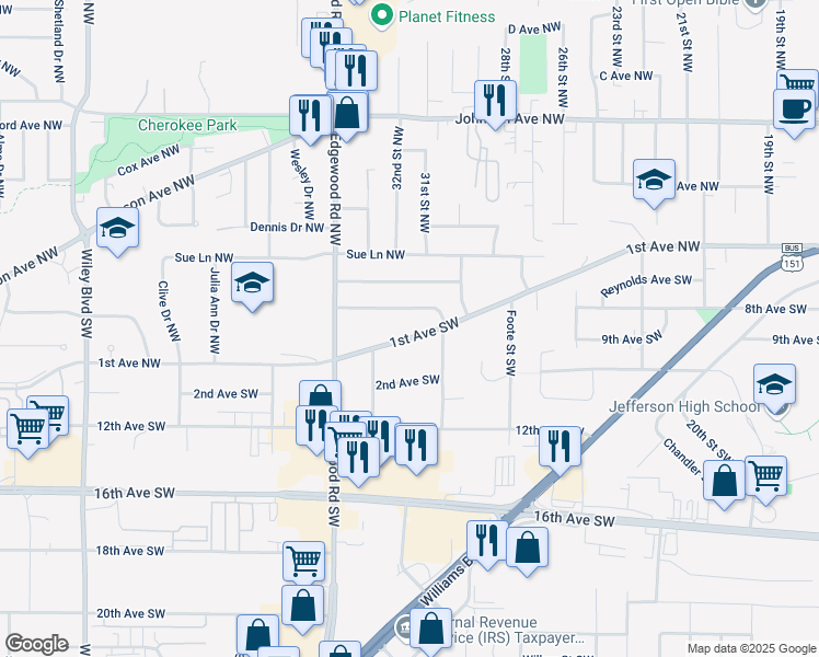 map of restaurants, bars, coffee shops, grocery stores, and more near 3116 1st Avenue Northwest in Cedar Rapids