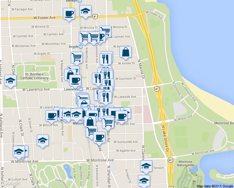 map of restaurants, bars, coffee shops, grocery stores, and more near 926 W Lakeside Pl in Chicago