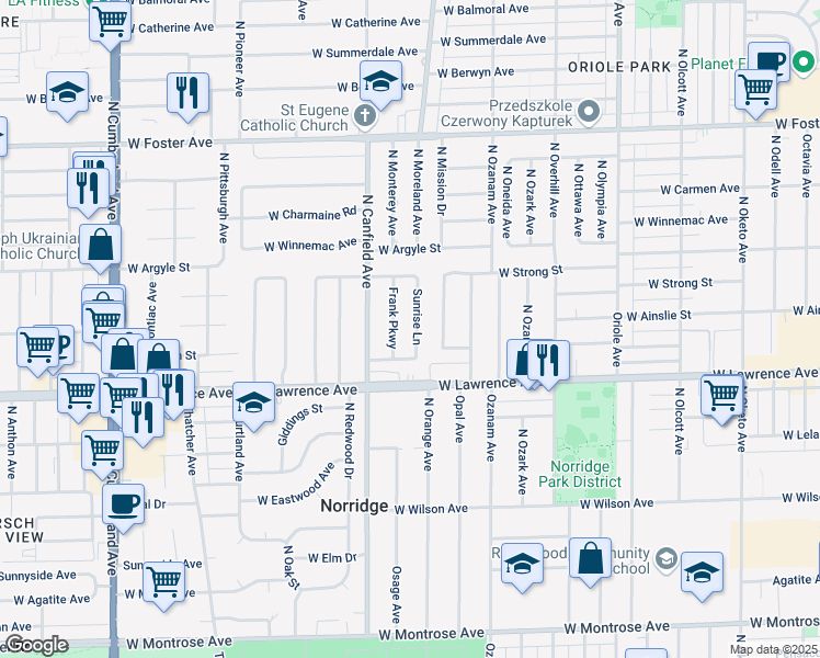map of restaurants, bars, coffee shops, grocery stores, and more near 4850 Sunrise Lane in Norridge