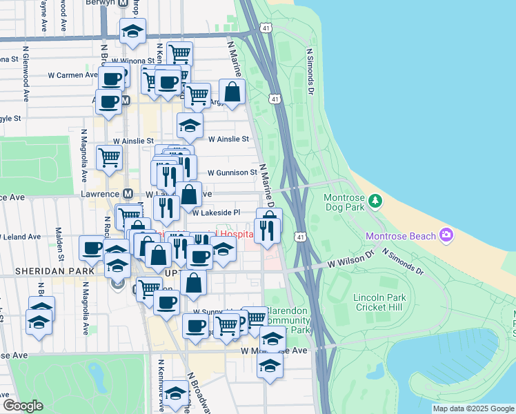 map of restaurants, bars, coffee shops, grocery stores, and more near 818 West Lakeside Place in Chicago