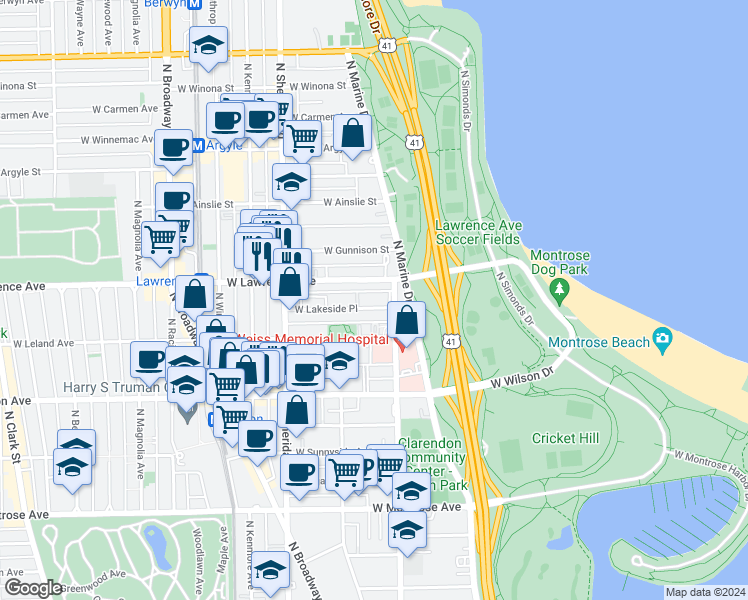 map of restaurants, bars, coffee shops, grocery stores, and more near 818 West Lakeside Place in Chicago