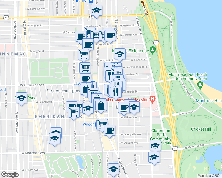 map of restaurants, bars, coffee shops, grocery stores, and more near in Chicago