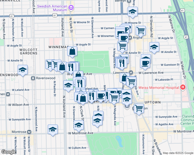 map of restaurants, bars, coffee shops, grocery stores, and more near 4748 North Beacon Street in Chicago