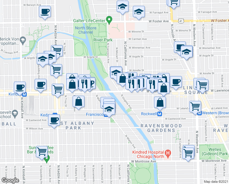 map of restaurants, bars, coffee shops, grocery stores, and more near 2835 West Lawrence Avenue in Chicago