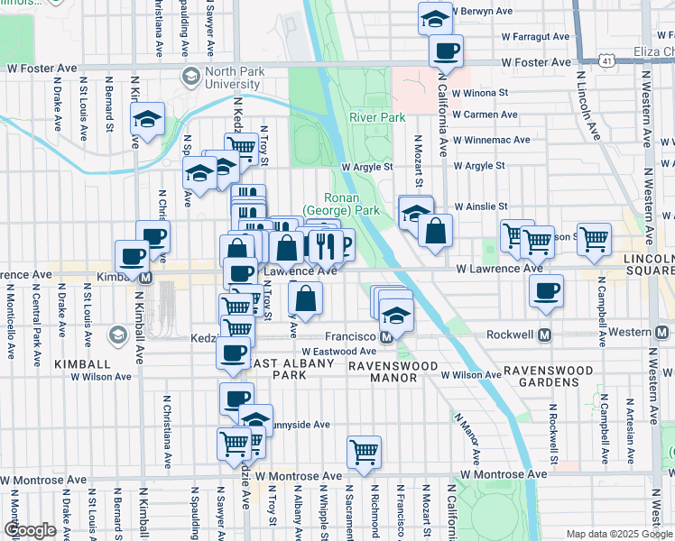 map of restaurants, bars, coffee shops, grocery stores, and more near 4801 North Sacramento Avenue in Chicago