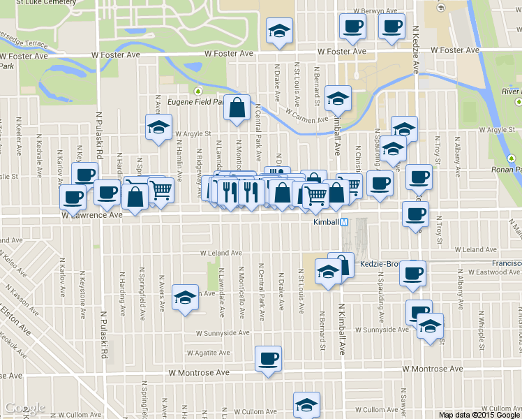 map of restaurants, bars, coffee shops, grocery stores, and more near 3606 West Lawrence Avenue in Chicago