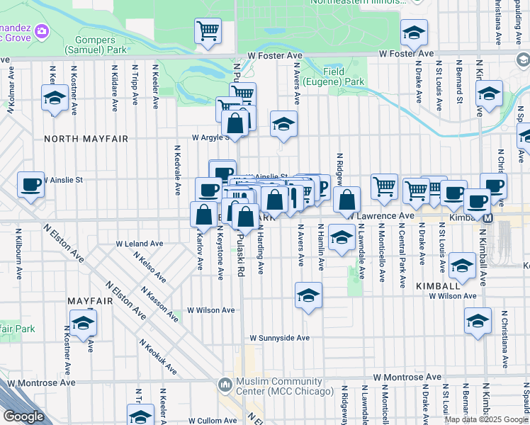 map of restaurants, bars, coffee shops, grocery stores, and more near 4804 North Springfield Avenue in Chicago