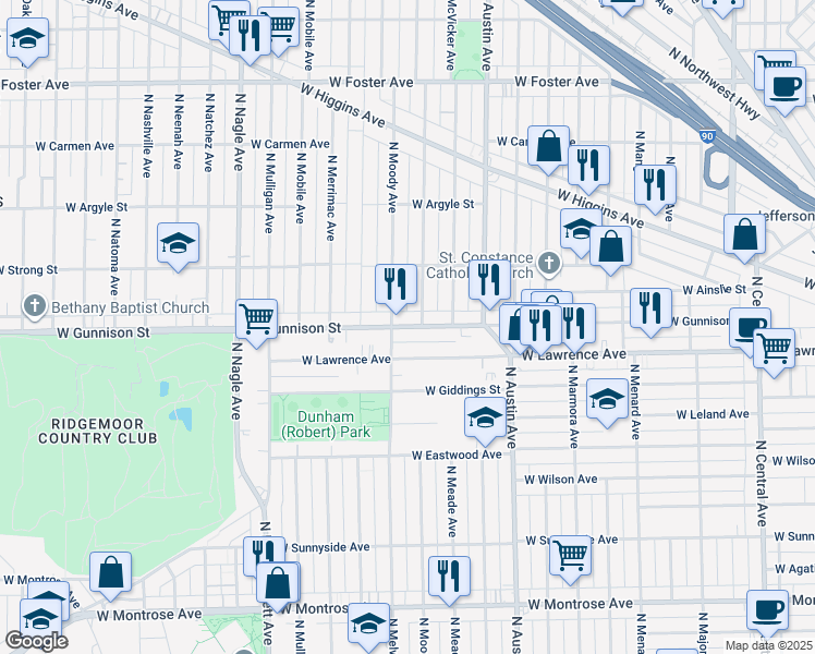 map of restaurants, bars, coffee shops, grocery stores, and more near 6110 West Gunnison Street in Chicago
