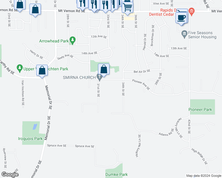 map of restaurants, bars, coffee shops, grocery stores, and more near 3225 Pioneer Avenue Southeast in Cedar Rapids