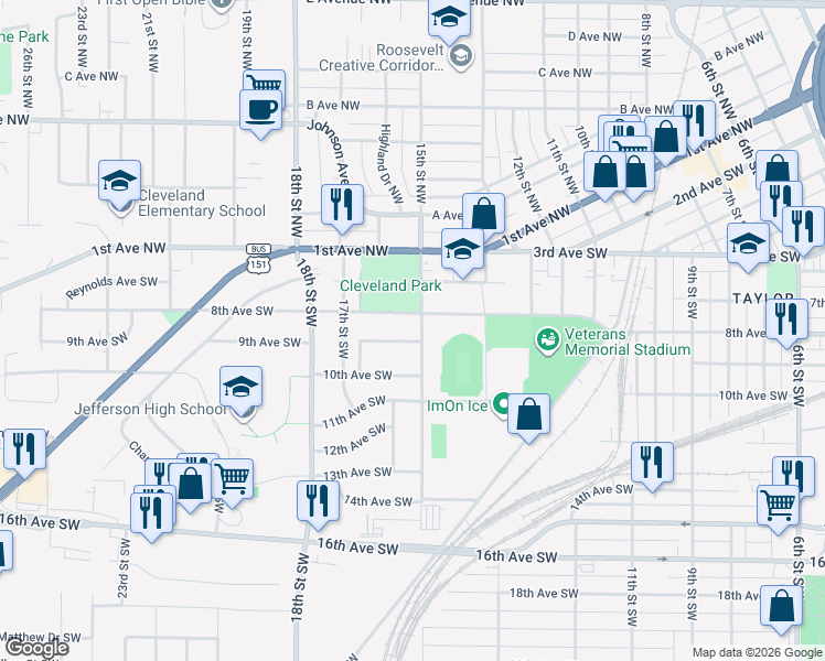 map of restaurants, bars, coffee shops, grocery stores, and more near 810 15th Street Southwest in Cedar Rapids
