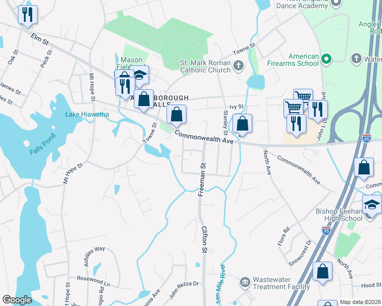 map of restaurants, bars, coffee shops, grocery stores, and more near Park Lane in North Attleborough