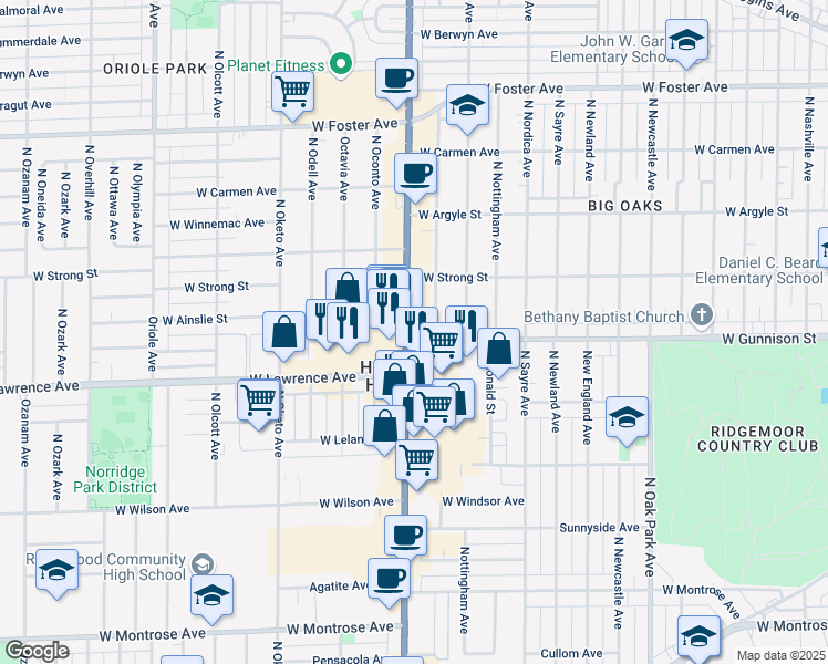 map of restaurants, bars, coffee shops, grocery stores, and more near 4803 Illinois 43 in Harwood Heights