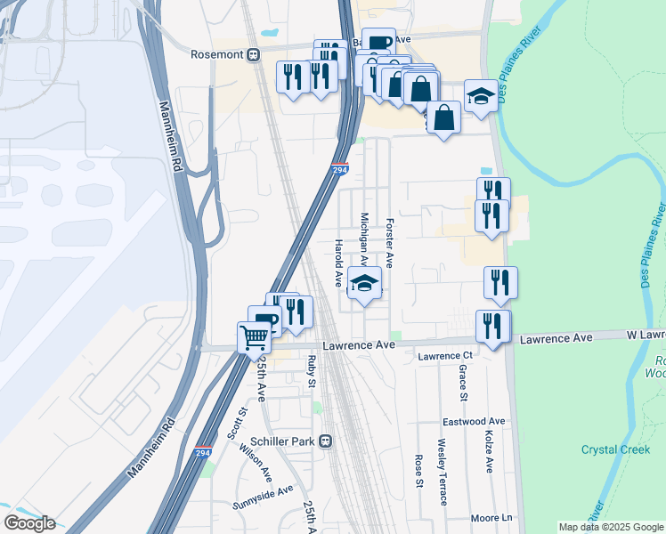 map of restaurants, bars, coffee shops, grocery stores, and more near 4916 Harold Avenue in Schiller Park