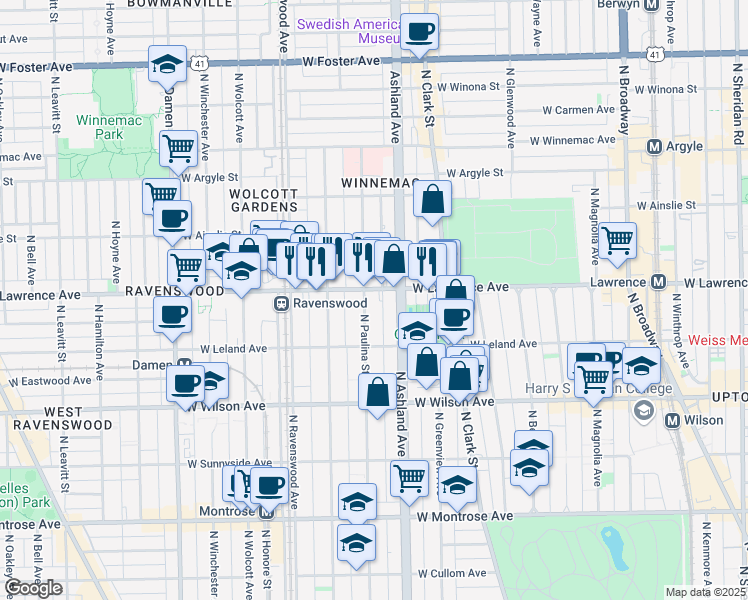 map of restaurants, bars, coffee shops, grocery stores, and more near 4751 North Paulina Street in Chicago