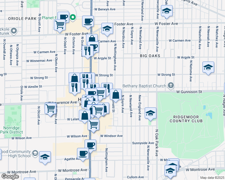 map of restaurants, bars, coffee shops, grocery stores, and more near 4804 North Nottingham Avenue in Chicago
