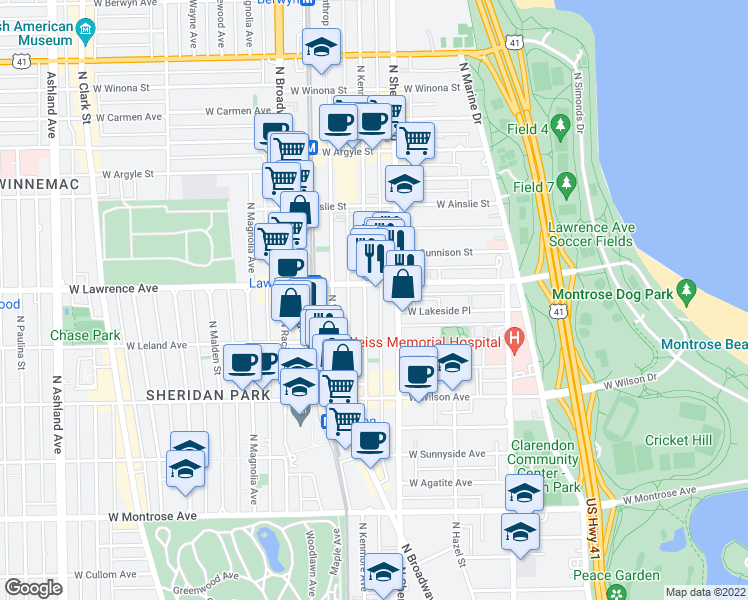 map of restaurants, bars, coffee shops, grocery stores, and more near 4741 North Kenmore Avenue in Chicago