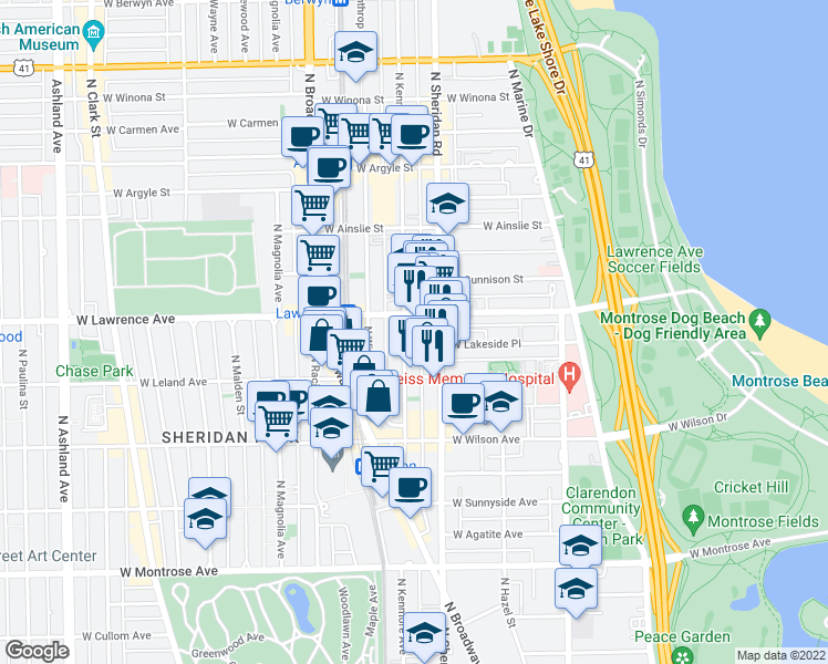 map of restaurants, bars, coffee shops, grocery stores, and more near in Chicago