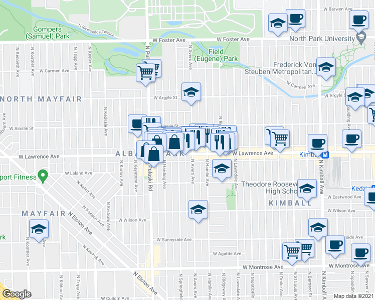 map of restaurants, bars, coffee shops, grocery stores, and more near 4800 North Avers Avenue in Chicago