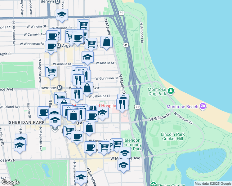 map of restaurants, bars, coffee shops, grocery stores, and more near 818 West Lakeside Place in Chicago