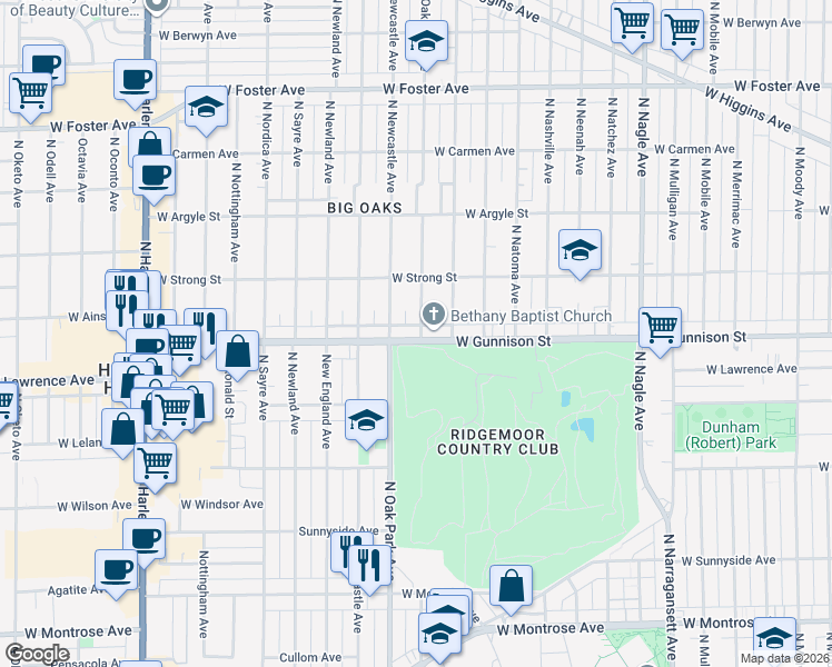 map of restaurants, bars, coffee shops, grocery stores, and more near 6740 West Gunnison Street in Chicago