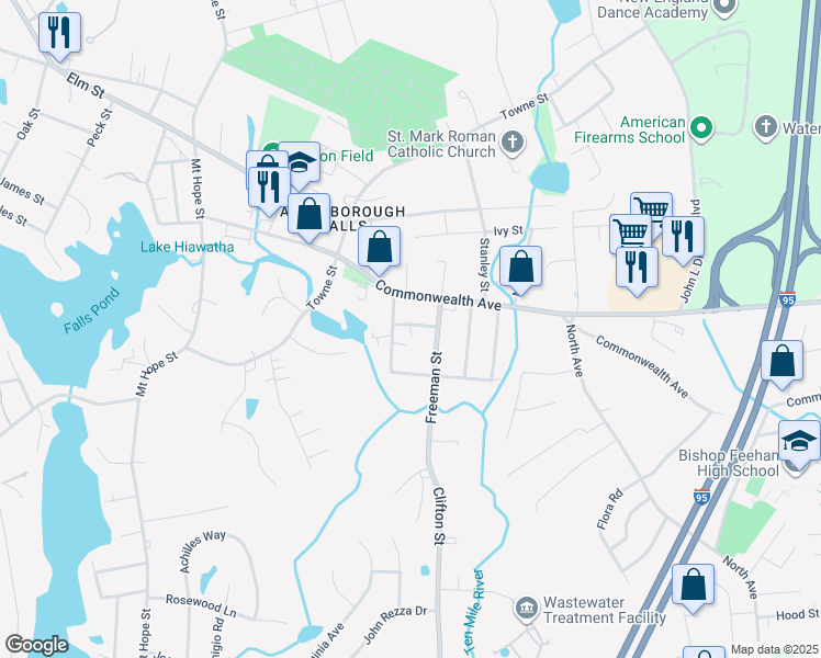 map of restaurants, bars, coffee shops, grocery stores, and more near Park Lane in North Attleborough