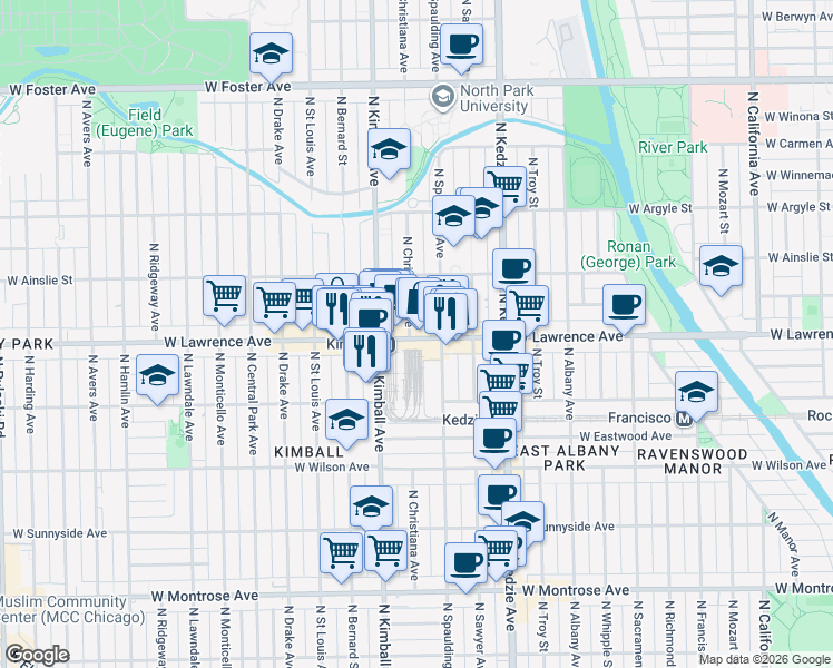 map of restaurants, bars, coffee shops, grocery stores, and more near 3320 West Lawrence Avenue in Chicago