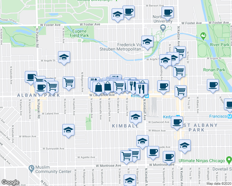 map of restaurants, bars, coffee shops, grocery stores, and more near 3536 West Lawrence Avenue in Chicago