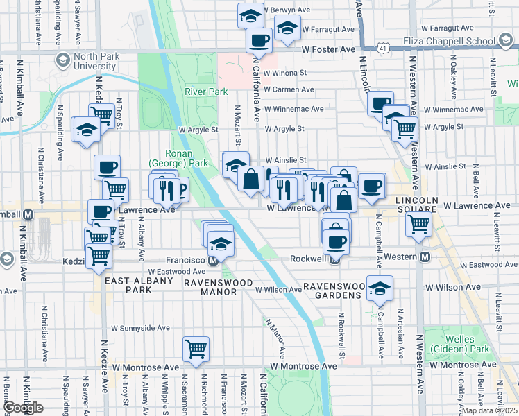 map of restaurants, bars, coffee shops, grocery stores, and more near W Lawrence Ave & N California Ave in Chicago