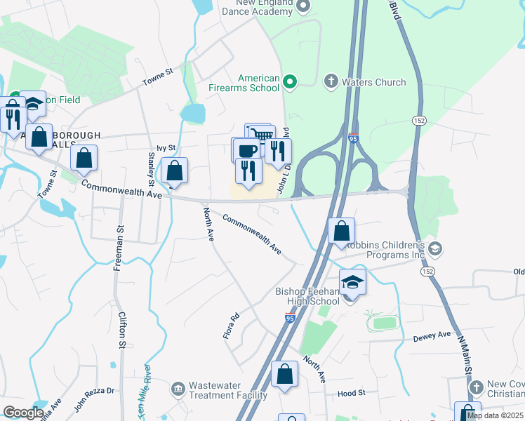 map of restaurants, bars, coffee shops, grocery stores, and more near 40 Robert F Toner Boulevard in North Attleborough