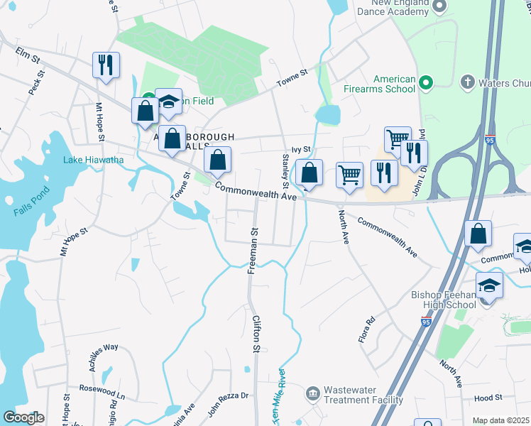 map of restaurants, bars, coffee shops, grocery stores, and more near 10 Freeman Street in North Attleborough