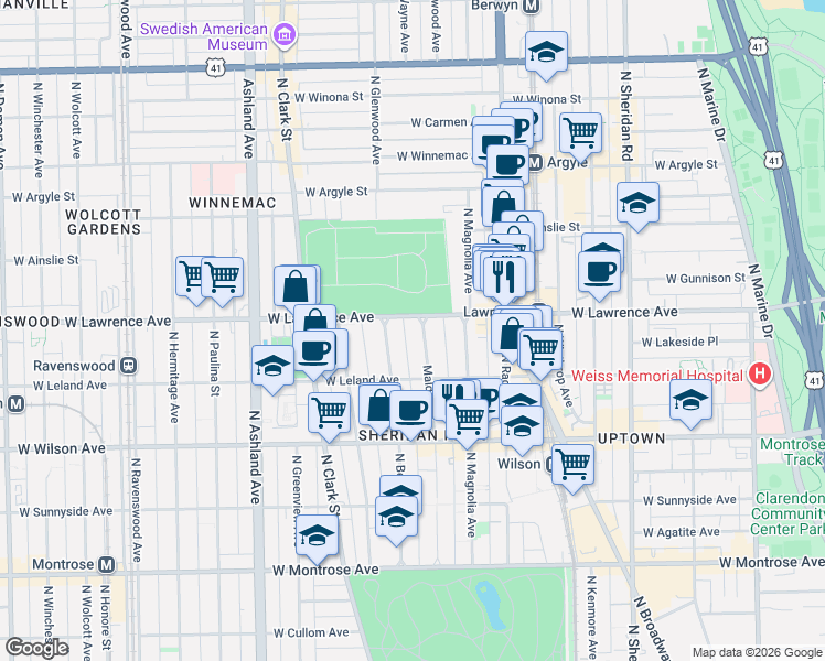 map of restaurants, bars, coffee shops, grocery stores, and more near 4744 North Malden Street in Chicago