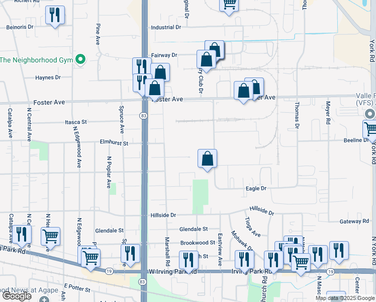 map of restaurants, bars, coffee shops, grocery stores, and more near 1003 Argyle Street in Bensenville