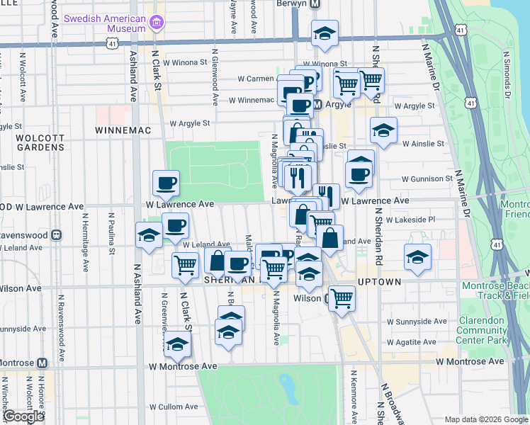 map of restaurants, bars, coffee shops, grocery stores, and more near 4742 North Magnolia Avenue in Chicago