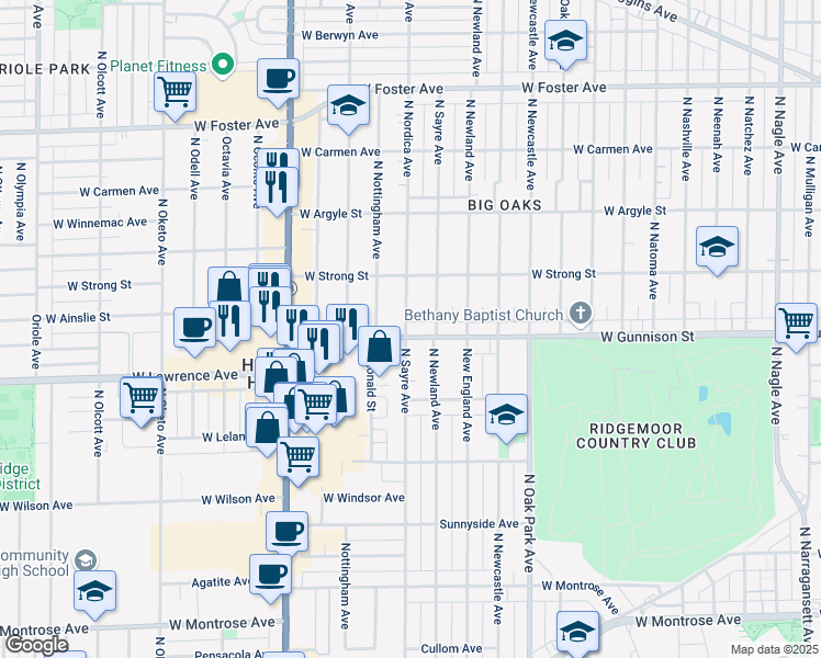 map of restaurants, bars, coffee shops, grocery stores, and more near 6958 West Gunnison Street in Harwood Heights