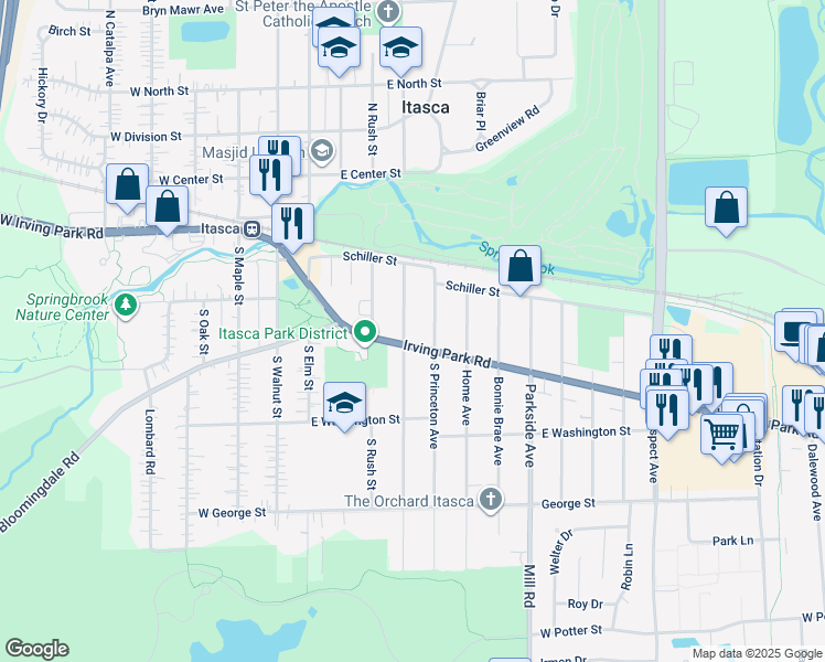 map of restaurants, bars, coffee shops, grocery stores, and more near 245 South Cherry Street in Itasca