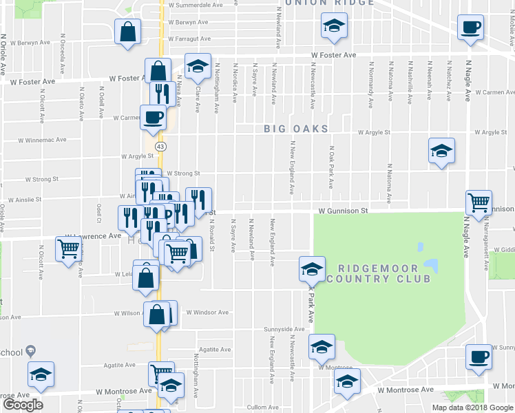 map of restaurants, bars, coffee shops, grocery stores, and more near 6864 West Gunnison Street in Harwood Heights