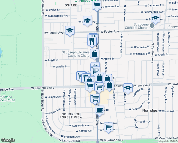 map of restaurants, bars, coffee shops, grocery stores, and more near 8500 North Clifton Avenue in Norridge