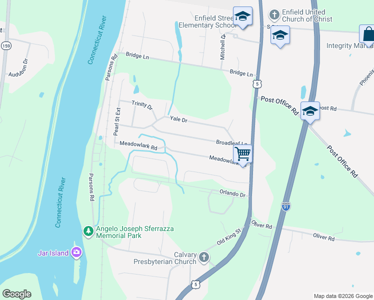 map of restaurants, bars, coffee shops, grocery stores, and more near 31 Meadowlark Road in Enfield