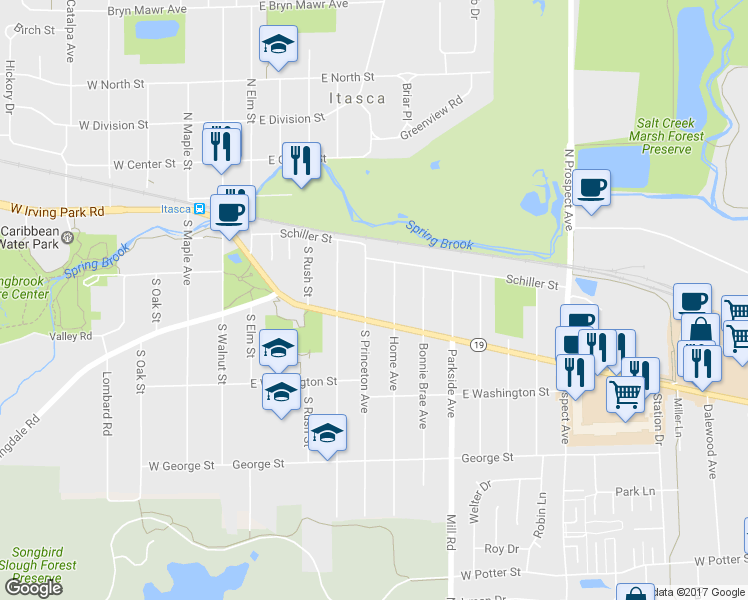 map of restaurants, bars, coffee shops, grocery stores, and more near 253 South Princeton Avenue in Itasca