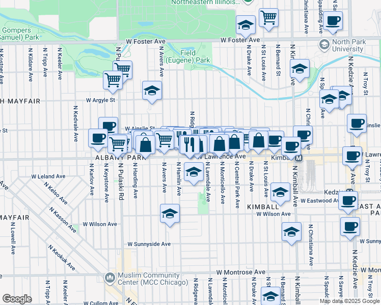 map of restaurants, bars, coffee shops, grocery stores, and more near 3734 West Lawrence Avenue in Chicago