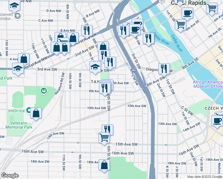 map of restaurants, bars, coffee shops, grocery stores, and more near 452 8th Avenue Southwest in Cedar Rapids