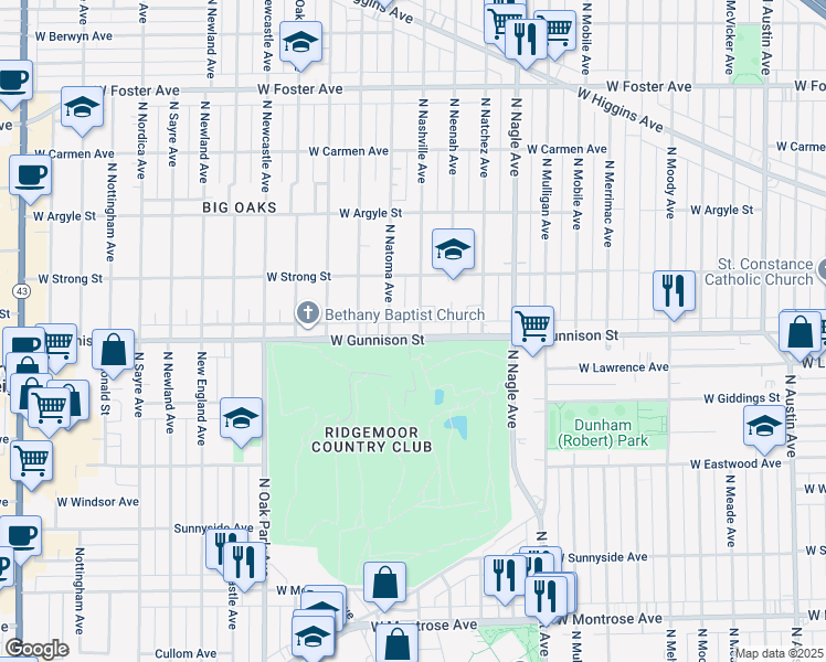 map of restaurants, bars, coffee shops, grocery stores, and more near 6534 West Gunnison Street in Harwood Heights