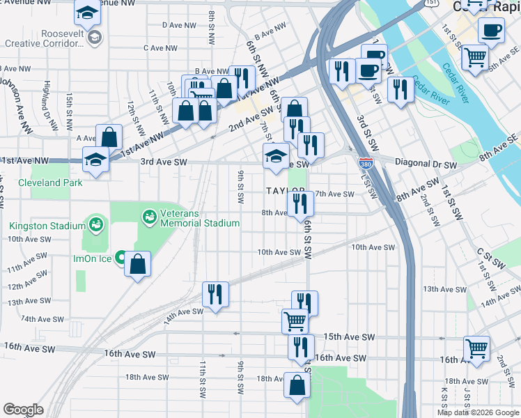 map of restaurants, bars, coffee shops, grocery stores, and more near 800 8th Avenue Southwest in Cedar Rapids