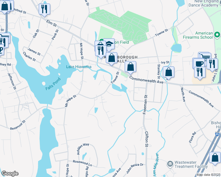 map of restaurants, bars, coffee shops, grocery stores, and more near 115 Towne Street in North Attleborough