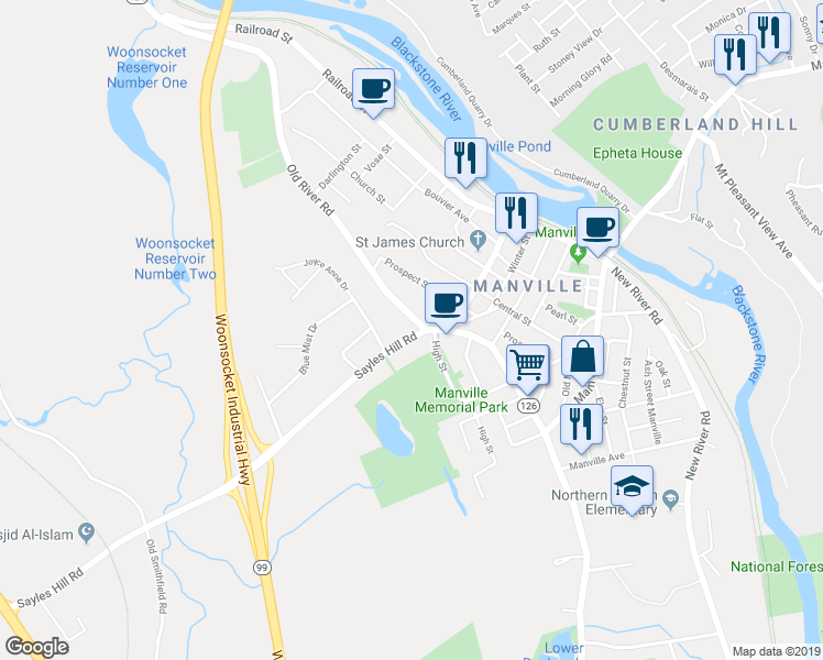 map of restaurants, bars, coffee shops, grocery stores, and more near 1 Sayles Hill Road in Lincoln