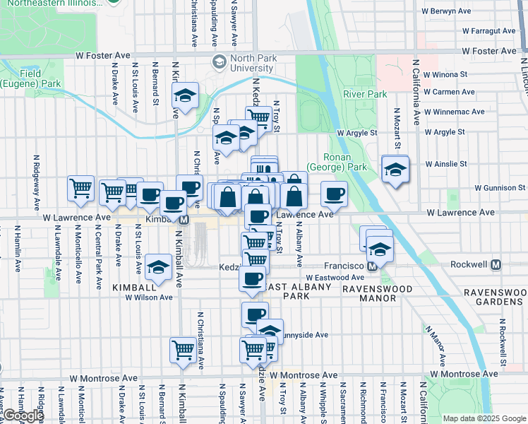 map of restaurants, bars, coffee shops, grocery stores, and more near 3148 West Lawrence Avenue in Chicago