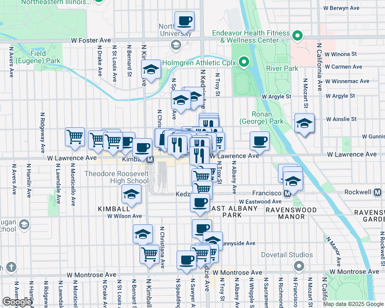 map of restaurants, bars, coffee shops, grocery stores, and more near 3222 West Lawrence Avenue in Chicago